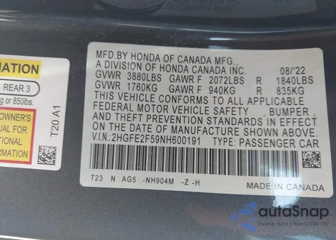 2022 Honda Civic Sport из США, поврежденный, VIN 2HGFE2F59NH600191